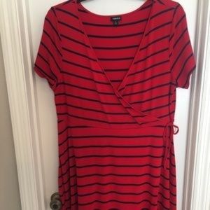 wrap dress red with navy stripes